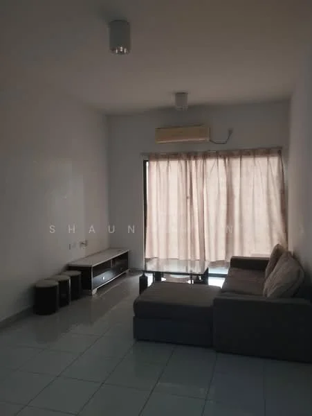 Living features: grey L-shape sectional sofa, coffee table, TV console, wall-mounted TV, floor-to-ceiling window, sheer curtains, white painted walls, glossy tile flooring, 1 wall-mounted split AC, recessed downlights; style: modern.