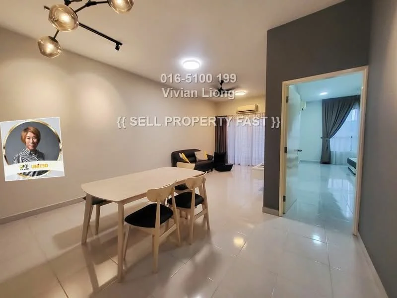 Living features: white walls, grey accent wall, glossy tile flooring, 5-blade ceiling fan with light, sofa in black, dining table with 4 chairs, floor-to-ceiling windows with sheer curtains, natural light, decorative wall art; style: modern. Room features: white walls, grey accent wall, glossy tile flooring, floor-to-ceiling windows with sheer curtains, natural light.