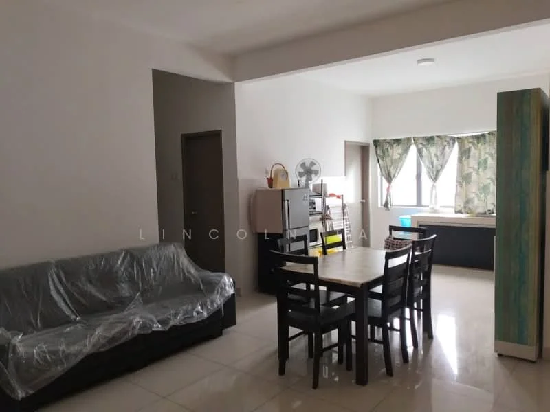 Living features: 3-seater fabric sofa in grey with plastic covering, dining table for 6 with black chairs, tile flooring, white painted walls, curtains with floral pattern, ceiling light, wall-mounted fan, open layout to kitchen, window with view to outside; style: modern. Kitchen features: black cabinetry, countertop, sink, stove, kitchen window; style: modern.