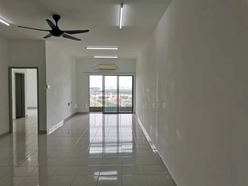 Living features: white painted walls, glossy ceramic tile flooring, 5-blade ceiling fan, wall-mounted split AC, floor-to-ceiling windows, sliding glass door, natural light from windows, city view; style: modern; view: city.