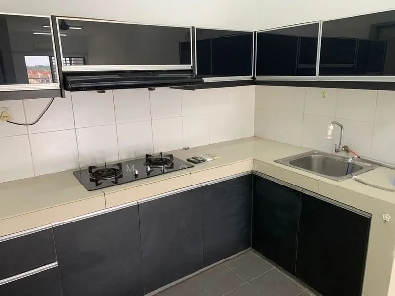 Kitchen features: black cabinetry, white tiled walls, grey countertop, stainless-steel sink, chrome pull-down faucet, built-in gas hob with 2 burners, exhaust hood, dark grey floor tiles; style: modern.