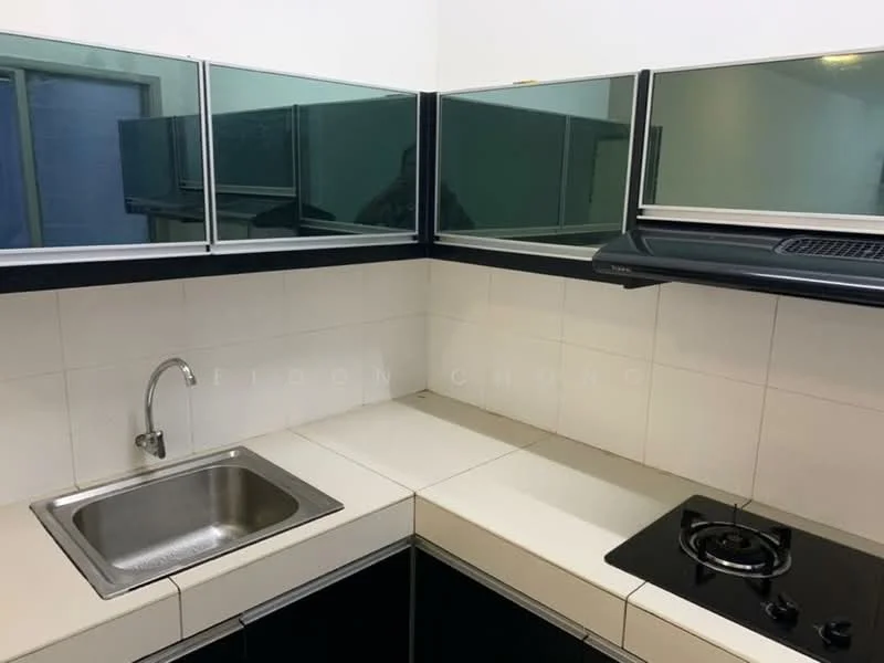 Kitchen features: single-bowl stainless-steel sink, chrome faucet, black countertop, white tiled backsplash, gas stove with 2 burners, black range hood, glass upper cabinets, white lower cabinets, tile flooring; style: modern.
