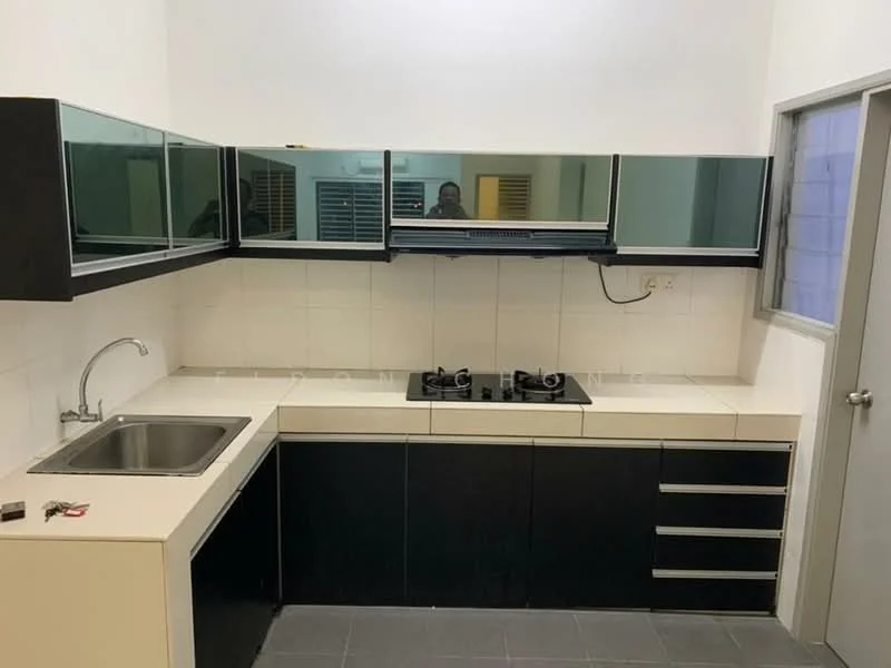 Kitchen features: single-bowl stainless-steel sink, chrome pull-down faucet, black cabinetry with drawers, white countertop, built-in gas hob with two burners, wall-mounted range hood, white tiled backsplash, grey tile flooring, upper cabinets with mirrored fronts; style: modern.