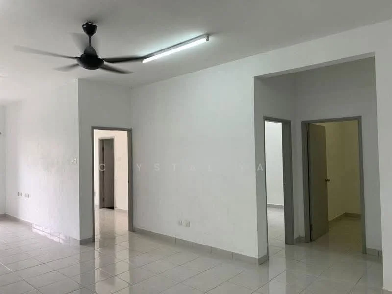 Room features: white painted walls, polished ceramic tile flooring, 5-blade ceiling fan, doorway leading to another room, doorway leading to bathroom, neutral color scheme, recessed lighting, open layout; style: modern.
