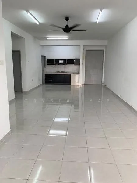 Living features: white painted walls, glossy ceramic tile flooring, ceiling fan, recessed LED downlights, open-plan layout, kitchen area visible, kitchen cabinetry in dark color, kitchen countertop, built-in appliances in kitchen, large windows for natural light; style: modern.