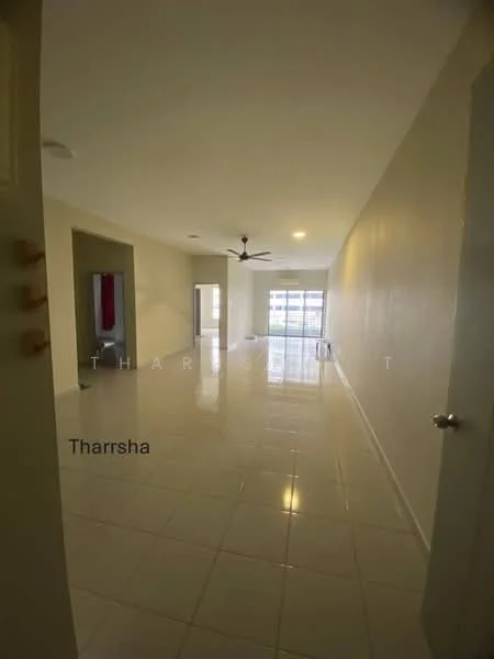 Room features: white painted walls, glossy white tile flooring, 5-blade ceiling fan, large windows allowing natural light, neutral color scheme, open layout, doorway leading to another room, door leading outside; style: modern.