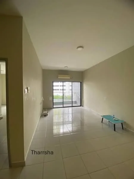 Living features: white painted walls, glossy tile flooring, sliding glass door, floor-to-ceiling windows, air conditioning unit, ceiling light fixture, small coffee table, open layout, natural light, view of outdoor space; style: modern; view: garden.