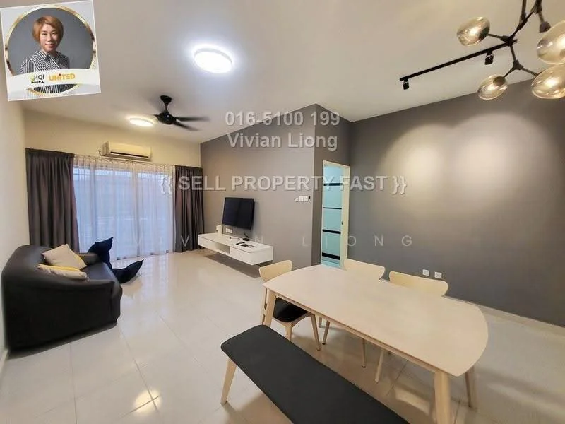 Living features: 3-seater fabric sofa in dark grey, coffee table, TV console, wall-mounted TV, area rug, ceiling fan with light, recessed downlights, floor-to-ceiling windows with sheer curtains, light-colored tiled flooring, dining table with chairs; style: modern.