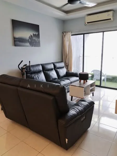 Living features: black leather 3-seater sofa, black leather 2-seater sofa, white coffee table, floor-to-ceiling sliding glass door, curtains, wall-mounted air conditioning unit, ceiling fan, tile flooring, decorative wall art, greenery visible through the glass door; style: modern; view: garden.