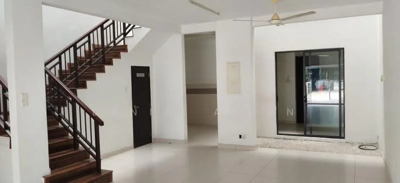Room features: white painted walls, tile flooring, staircase with wooden steps, ceiling fan, large glass sliding door, window with black frame, open layout, natural light from windows; style: modern; view: garden.