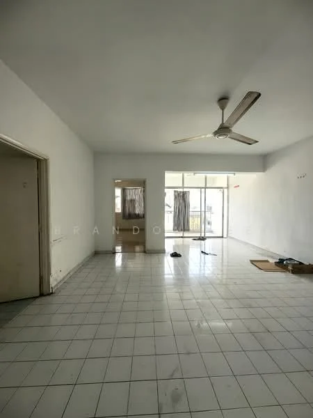 Living features: white painted walls, tiled flooring, 5-blade ceiling fan, floor-to-ceiling windows, sliding glass door, curtains, open layout, natural light.