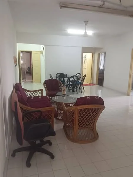 Living features: white painted walls, glossy tile flooring, ceiling fan, glass coffee table, rattan armchairs, red upholstered chairs, black dining chairs, open layout, natural light from windows, decorative wall art; style: traditional. Room features: white painted walls, glossy tile flooring, doorway leading to other rooms.