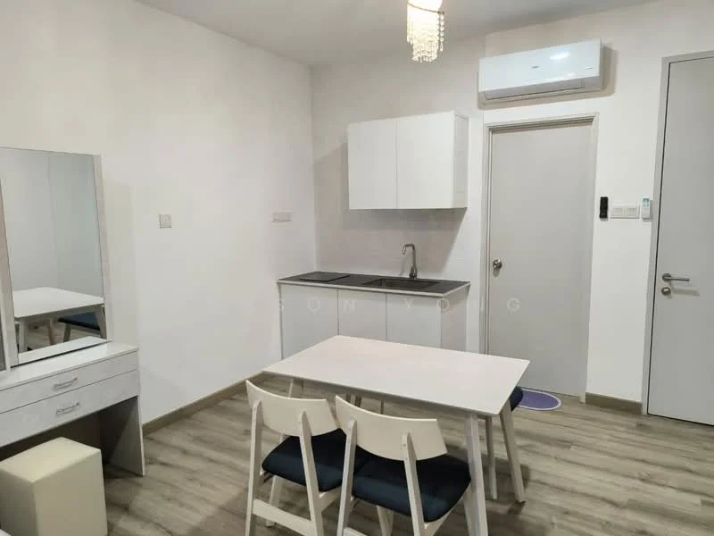 Kitchen features: white cabinetry, single-bowl stainless-steel sink, chrome pull-down faucet, white countertop, refrigerator, wall-mounted split AC, dining table with 4 chairs, mirror with vanity, light fixture, wooden flooring, white painted walls, door to hallway; style: modern.