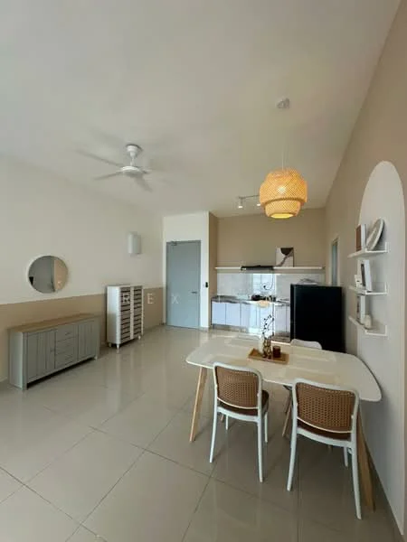 Dining features: white dining table, 4 dining chairs with rattan seats, pendant light fixture, grey sideboard cabinet, round wall mirror, cream painted walls, glossy tile flooring, ceiling fan; style: modern. Kitchen features: stainless-steel fridge, built-in kitchen cabinets, white countertop, ceramic tile backsplash, oven, stove, sink; style: modern.