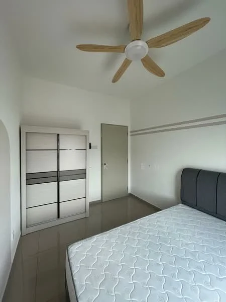 Bedroom features: queen-size bed, upholstered headboard, 5-blade ceiling fan with light, built-in wardrobe with sliding doors, white painted walls, grey accent wall, glossy tile flooring, door to hallway; style: modern.