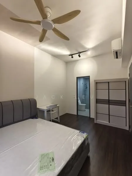 Bedroom features: queen-size bed, upholstered headboard, 5-blade ceiling fan, recessed downlights, wall-mounted split AC, wooden flooring, built-in wardrobe with sliding doors, study desk with chair, neutral painted walls, doorway leading to bathroom; style: modern.