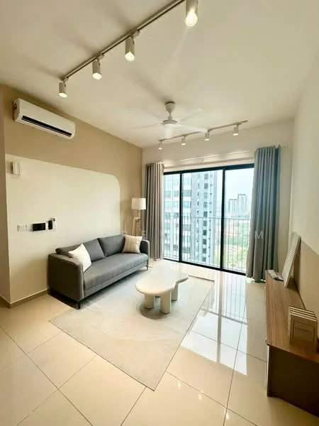 Living features: 3-seater fabric sofa in grey, coffee table, TV console, floor-to-ceiling windows, curtains, recessed LED downlights, ceiling fan, air conditioning unit, light-colored wall, cream tiled flooring, decorative rug; style: modern; view: city.