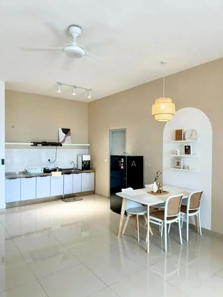 Kitchen features: white cabinetry, black refrigerator, stainless-steel sink, chrome faucet, white tiled backsplash, ceramic tile flooring, 5-blade ceiling fan, recessed downlights, dining table with four chairs, open shelving, countertop space, kitchen appliances, neutral wall color; style: modern.