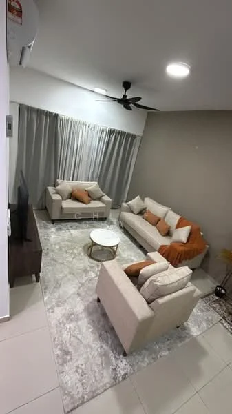 Living features: 3-seater fabric sofa in cream, 2-seater fabric sofa in cream, orange throw pillows, round coffee table with gold trim, area rug with geometric pattern, wall-mounted TV, TV console, floor-to-ceiling curtains in grey, ceiling fan with light, recessed LED downlights, cream painted walls, marble tile flooring; style: modern.
