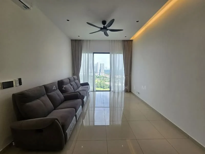 Living features: 3-seater fabric sofa in grey, floor-to-ceiling windows, sheer curtains, recessed LED downlights, 5-blade ceiling fan, polished ceramic tile flooring, neutral painted walls, balcony view of city skyline; style: modern; view: city.