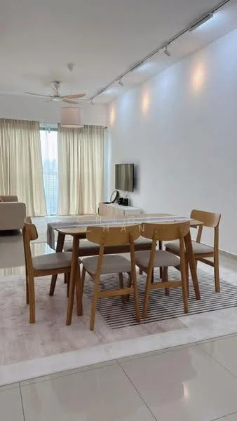 Dining features: 6-seater dining table, wooden dining chairs, area rug, recessed downlights, floor-to-ceiling windows, sheer curtains, wall-mounted TV, light-coloured walls, glossy tile flooring, ceiling fan; style: modern; view: city. Living features: sofa, coffee table, TV console; style: modern; view: city.