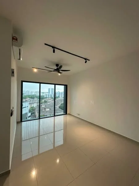 Living features: white painted walls, glossy ceramic tile flooring, 5-blade ceiling fan with light, floor-to-ceiling windows, black metal railing, natural light from windows, air conditioning unit, track lighting; style: modern; view: city.