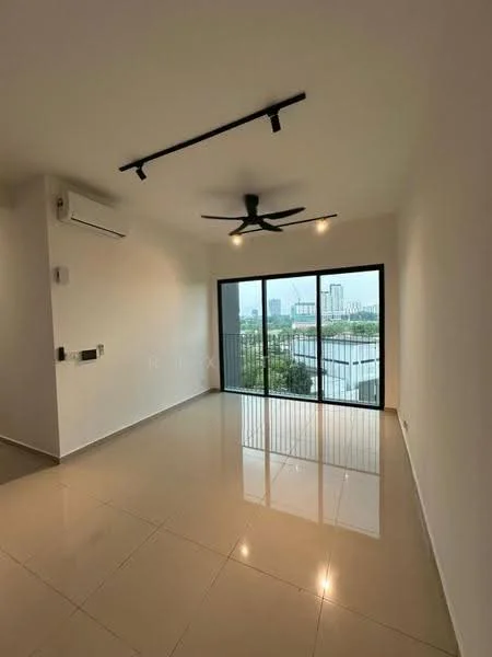 Living features: floor-to-ceiling windows, sliding glass door, white painted walls, polished ceramic tile flooring, 5-blade ceiling fan with light, recessed LED downlights, air conditioning unit, balcony view; style: modern; view: city.