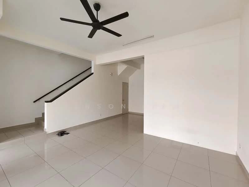 Living features: white painted walls, glossy ceramic tile flooring, 5-blade ceiling fan in black, staircase with black railing, neutral colour scheme, large open space, no visible furniture, natural light from windows; style: modern.