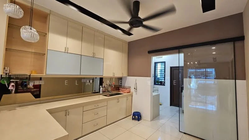 Kitchen features: light wood cabinetry, white countertops, single-bowl stainless-steel sink, chrome pull-down faucet, built-in oven, freestanding range oven, refrigerator, pendant lighting, 5-blade ceiling fan, sliding glass door, white tiled flooring, wall-mounted cabinets, mirror backsplash; style: modern. Room features: white walls, dark accent wall, window with blinds.