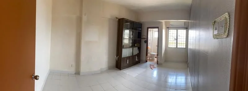 Room features: white painted walls, tile flooring, built-in shelving unit, window with natural light, air conditioning unit, door leading to another room, light-colored ceiling, neutral decor.