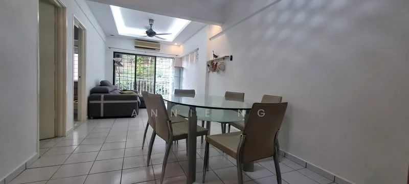 Dining features: glass dining table, 4 upholstered dining chairs, white painted walls, tile flooring, ceiling fan, recessed downlights, large window with view to outdoor, sofa in adjacent living area; style: modern; view: garden.