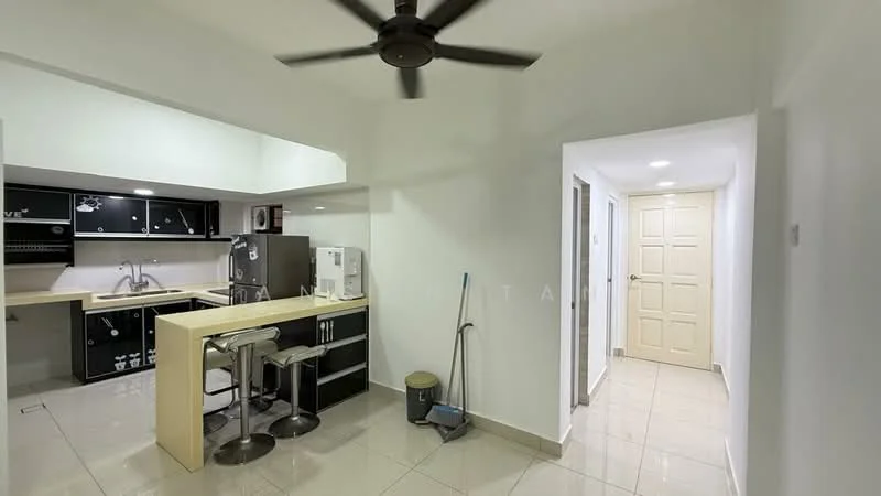Kitchen features: black cabinetry with glossy finish, white countertop, single-bowl stainless-steel sink, chrome pull-down faucet, built-in refrigerator, freestanding range oven, bar stools, pendant lighting, tile flooring, wall-mounted split AC; style: modern. Hallway features: white painted walls, tile flooring, door to bathroom, door to bedroom, recessed lighting.