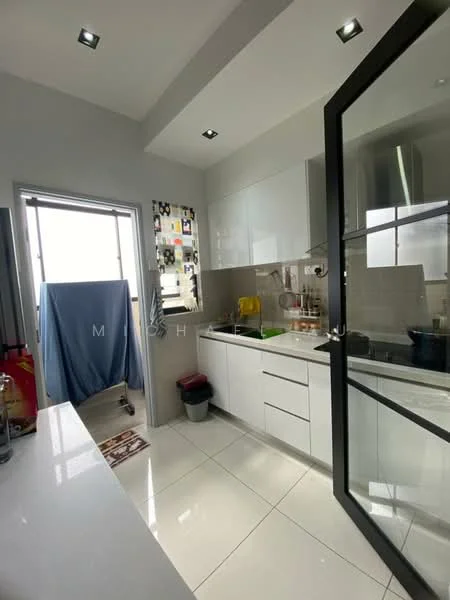 Kitchen features: white glossy cabinetry, grey tiled backsplash, stainless-steel sink, chrome pull-down faucet, built-in stove, microwave, refrigerator, white countertop, tile flooring, recessed downlights, floor-to-ceiling windows, open layout, window with sheer curtains; style: modern; view: city.