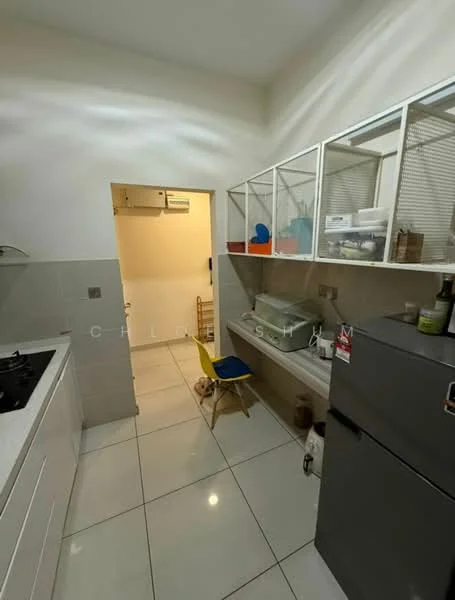 Kitchen features: white cabinetry, grey countertop, stainless-steel fridge, gas stove with 4 burners, white tiled backsplash, ceramic tile flooring, under-sink storage, open shelving, wall-mounted storage, doorway leading to another room; style: modern.