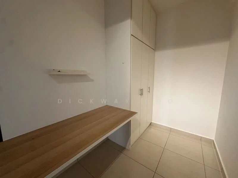 Room features: wooden countertop, built-in cabinetry with doors, white painted walls, tile flooring, shelf above countertop, neutral color scheme; style: modern.