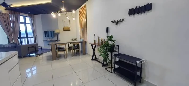 Living features: white painted walls, black ceiling with recessed lighting, large floor-to-ceiling windows, curtains in beige, light-colored sofa, wooden dining table, 4 upholstered dining chairs, decorative wall art, indoor plants, black shelving unit, TV console, area rug, ceiling fan with light; style: modern; view: city.