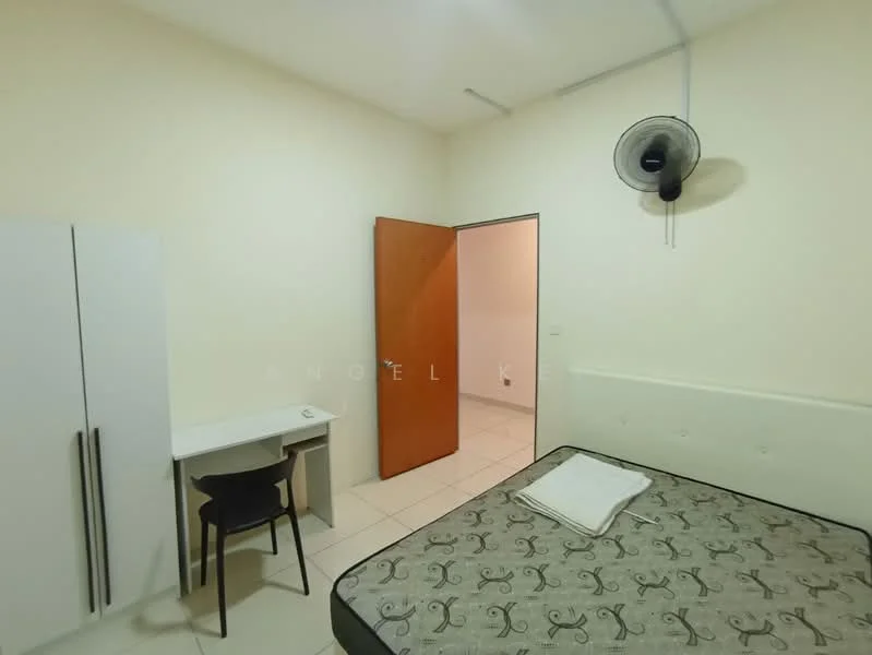Bedroom features: queen-size bed with upholstered headboard, white bed linens, study desk with chair, white wardrobe, tile flooring, cream painted walls, ceiling fan, door leading to hallway; style: minimalist.