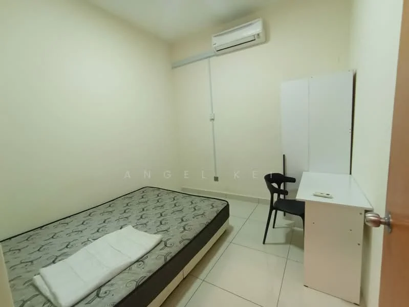 Bedroom features: single bed with mattress, white bed linens, 1 wall-mounted split AC, white painted walls, tile flooring, study desk with chair, white cabinet, window with no visible treatment.