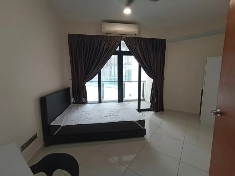 Bedroom features: queen-size bed frame without mattress, floor-to-ceiling windows, blackout curtains, white walls, glossy tile flooring, air conditioning unit, sliding glass door, view of swimming pool, built-in wardrobe, ceiling fan; style: modern; view: pool.