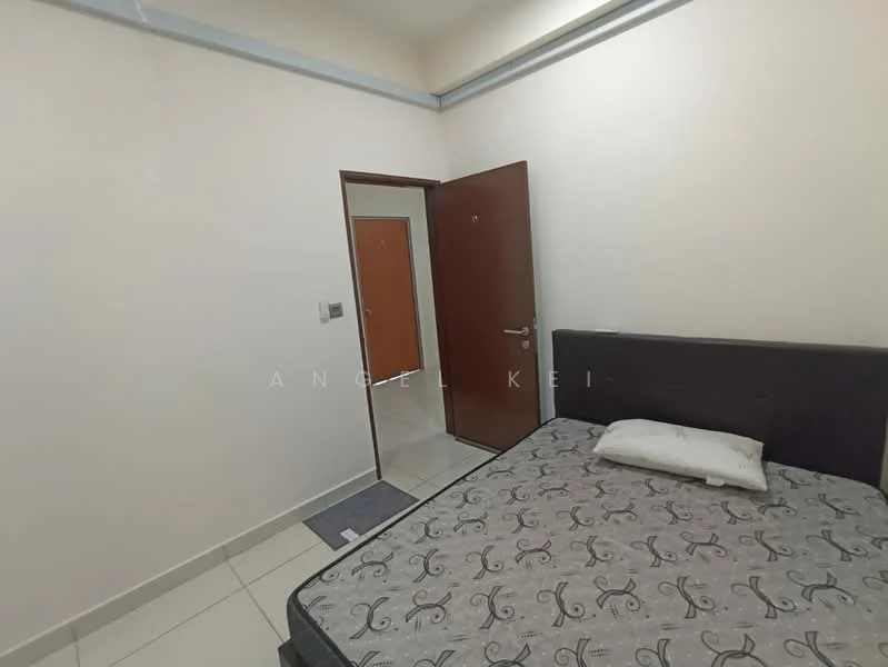 Bedroom features: queen-size bed, grey upholstered headboard, white walls, tile flooring, ceiling with recessed lighting, door leading to hallway, door leading to another room, window with no visible treatment, decorative pillow on bed.