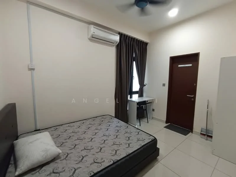 Bedroom features: queen-size bed, upholstered headboard, 1 bedside pillow, wall-mounted split AC, ceiling fan, window with sheer curtains, desk with chair, tile flooring, cream painted walls, door with security lock; style: modern.