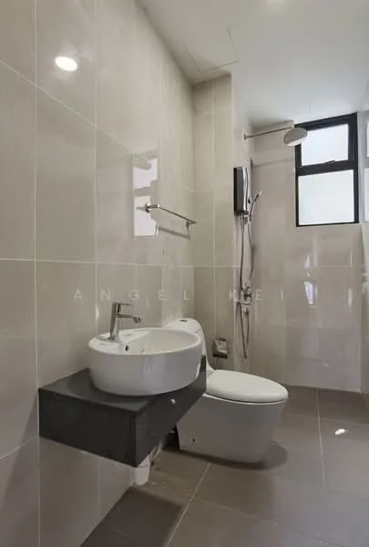 Bathroom features: white wall tiles, grey floor tiles, wall-mounted shower head, handheld shower, glass shower enclosure, toilet, floating vanity with black countertop, mirror above vanity, window for natural light; style: modern.