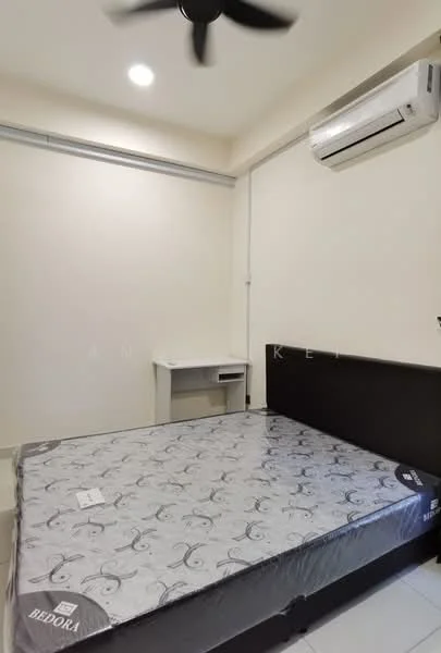 Bedroom features: queen-size bed, mattress with patterned cover, study desk, wall-mounted air conditioning unit, ceiling fan, white painted walls, tile flooring, light fixture on ceiling.