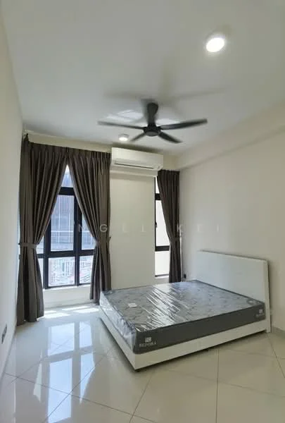 Bedroom features: queen-size bed, grey bed frame, 5-blade ceiling fan with light, floor-to-ceiling windows, curtains in dark brown, white painted walls, glossy tile flooring, wall-mounted split AC; style: modern; view: city.