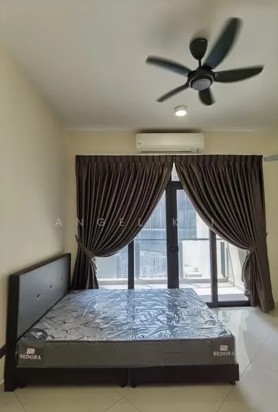 Bedroom features: king-size bed, upholstered headboard, 5-blade ceiling fan with light, floor-to-ceiling windows, sliding glass door, dark brown curtains, cream painted walls, tile flooring, air conditioning unit; style: modern; view: city.