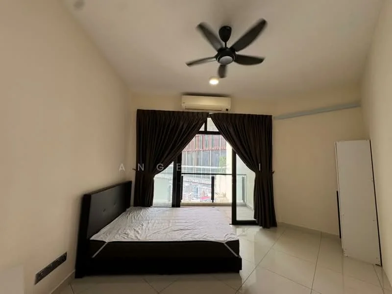 Bedroom features: queen-size bed, 5-blade ceiling fan, floor-to-ceiling windows, sliding glass door, dark brown curtains, white painted walls, tile flooring, built-in wardrobe, air conditioning unit; style: modern; view: city.