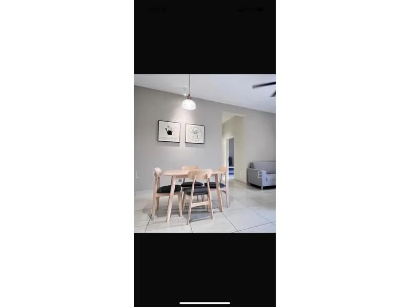Dining features: 4-seater dining table, light wood dining chairs, pendant lamp, white painted walls, tile flooring, framed artwork on walls, open layout to living area, ceiling fan; style: modern.