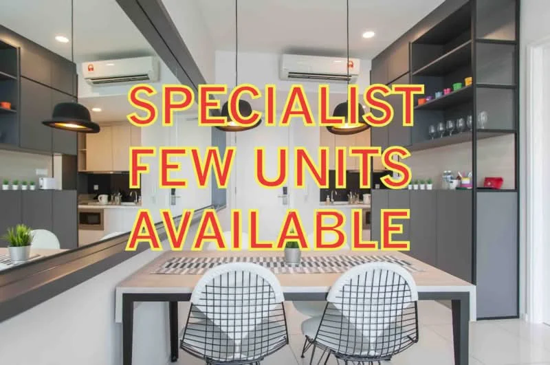 Dining features: white dining table, black wire dining chairs, grey cabinetry, open shelving, recessed downlights, wall-mounted air conditioning units, mirrored wall, decorative plants, kitchen area visible in background, black pendant lighting; style: modern.