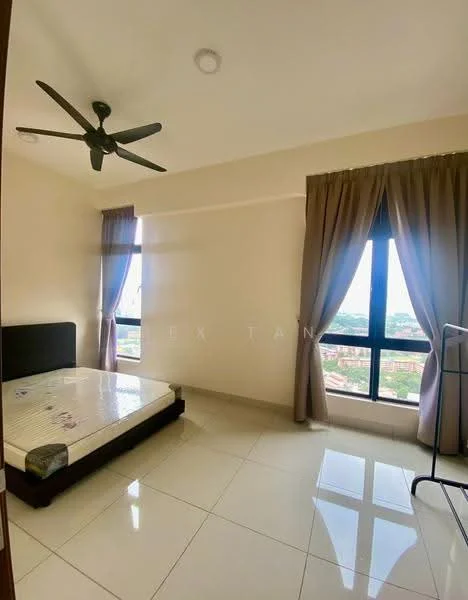 Bedroom features: queen-size bed, 5-blade ceiling fan, floor-to-ceiling windows, curtains, light-colored painted walls, glossy tile flooring, decorative ceiling light, city view; style: modern; view: city.