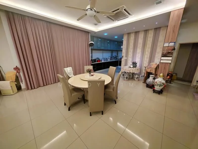 Dining features: round dining table, 4 upholstered dining chairs, cream curtains, wall-mounted air conditioning unit, recessed downlights, glossy tile flooring, decorative wall with vertical stripes, decorative plants on table, open kitchen view in background; style: modern.